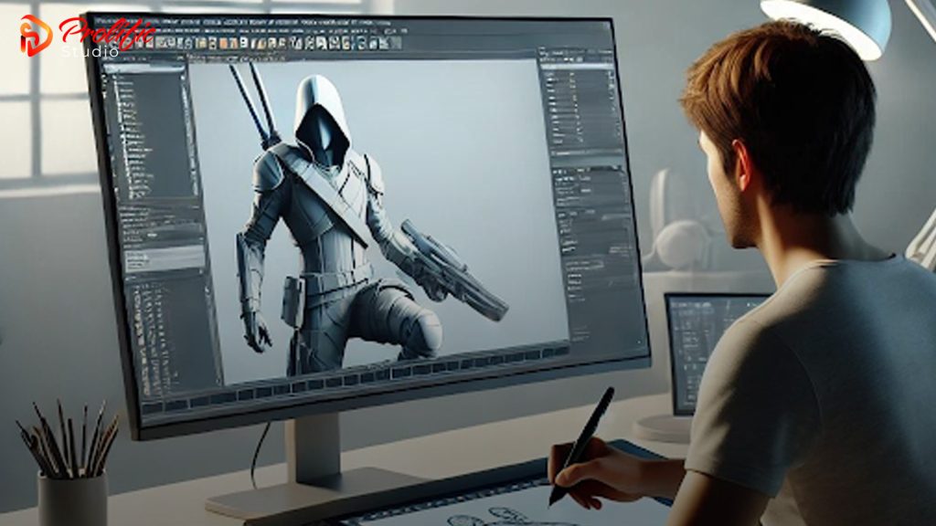 Game-developer-working-on-3D-modeling
