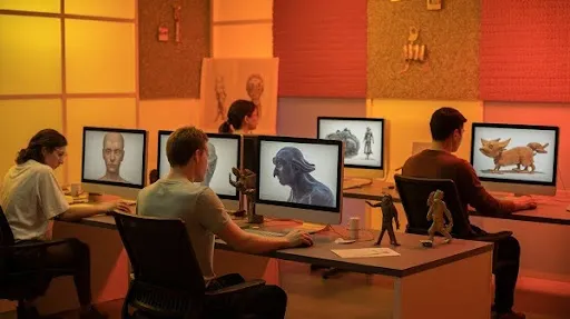 A group of animators working on different projects