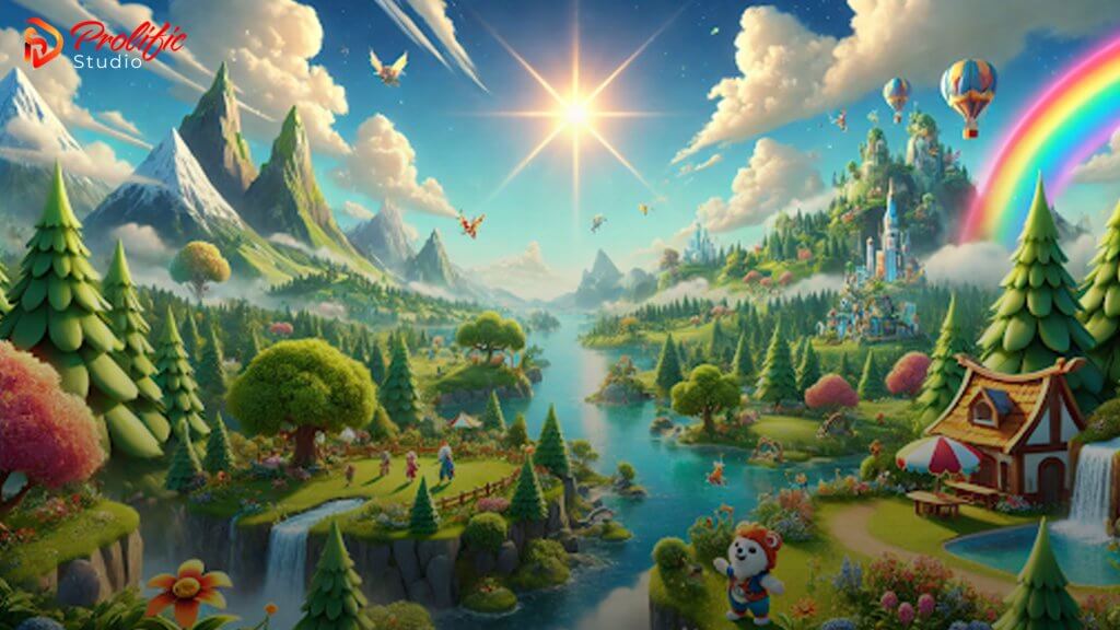 Showing an immersive 3D animated video game environment