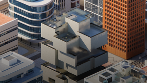 a group of 3D animated buildings