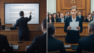 a lawyer demonstrating a case through courtroom animation services vs. a lawyer explaining a case through a piece of paper