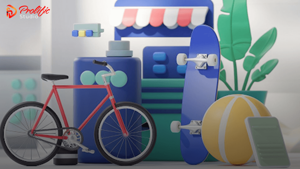 different retail products in a 3D animation setting