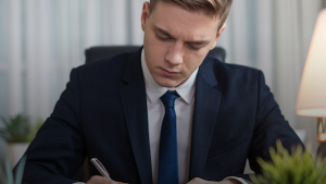 a young man writing a check