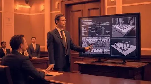 A lawyer presenting legal animation to the courtroom