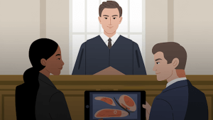 animated representation of a courtroom scene