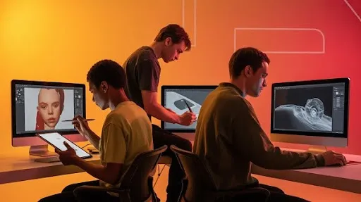 Artists using different software tools for concept art development