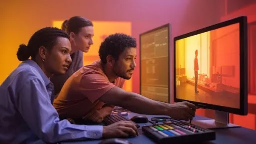 Animators working on the lighting phase of 3D animation process