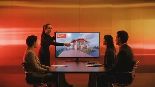 A woman explaining 3D virtual tour to her clients