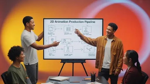 Animators explaining the 2D animation pipeline to clients