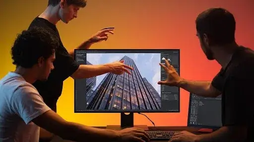 Animators using a 3D software to create a 3D architecture project