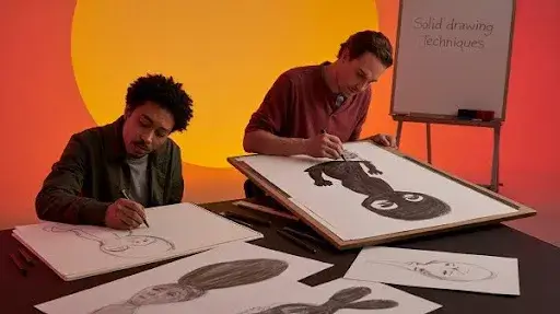 Animators working on solid drawing