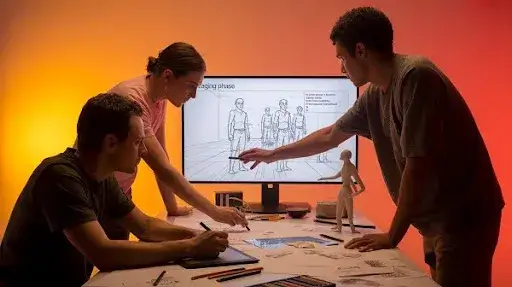 Animators working on the staging phase in animation production