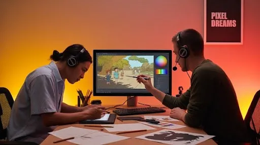 Animators working on the timing element of an animated scene