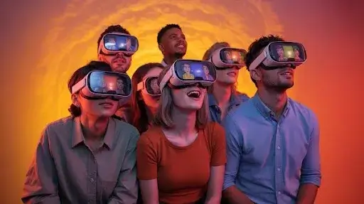 People looking at animated characters with VR headsets