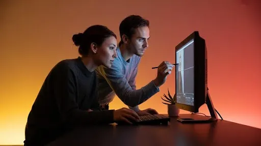 Professionals working on color correction