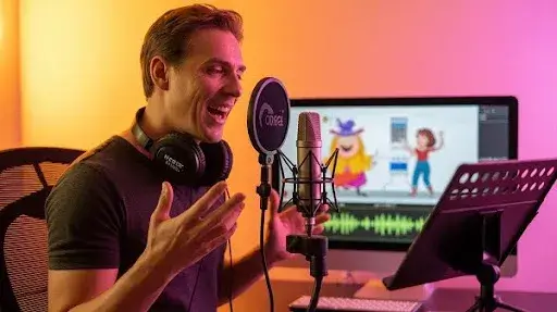 A professional voice over artist in a recording session