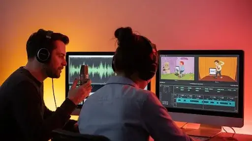 A technician adding a voice over to an animated explainer video