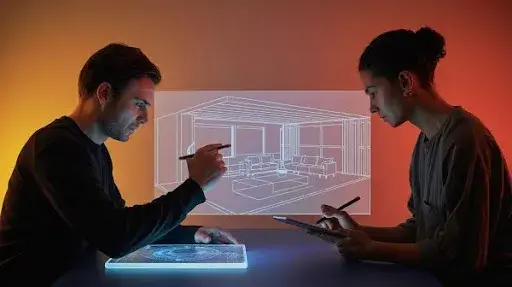Animators figuring out proportions and scales of 3D interior design