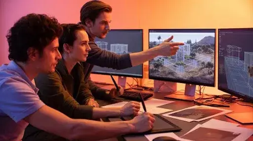 Animators working on 3D environment models