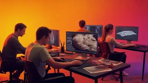 Animators working on advanced 3D texturing techniques