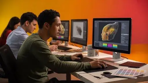 Animators working on the process of creating 3D textures