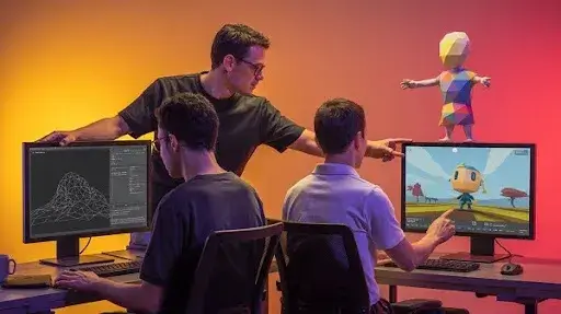 Game designers working on low poly game designing