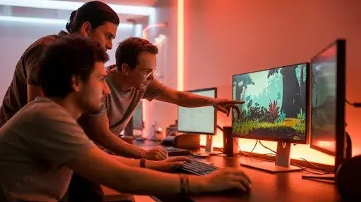 Game development professionals working on creating game environment