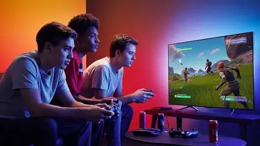 Gamers playing Fortnite on their gaming console