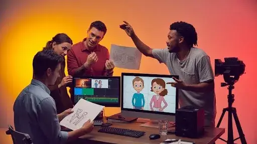 Professionals working on crafting a story through an explainer video