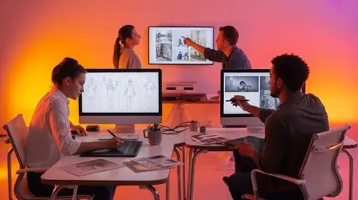 Professionals working on different digital storyboards