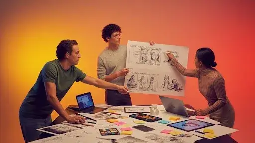 Professionals working on different types of storyboards