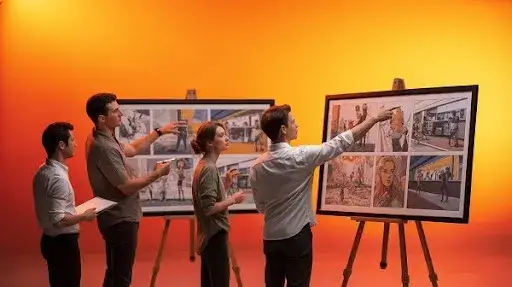 Professionals working on framed storyboards