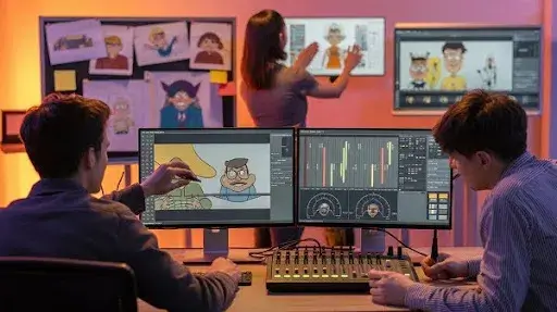 Professionals working on the visual and auditory elements of an explainer video