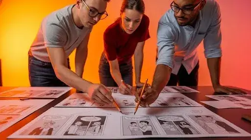 Professionals working on written storyboards
