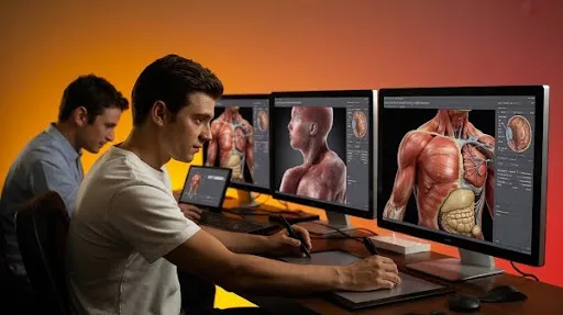 Animators working on shading and texturing aspect of medical animation Animators working on shading and texturing aspect of medical animation