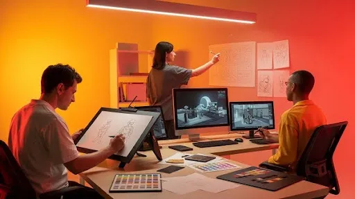 Creative professionals working on the different aspects of pre production in game art