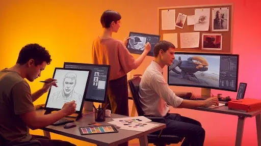 Professionals using different software tools in pre production in game art