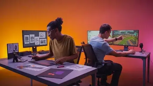 Professionals working on level design and art integration in games