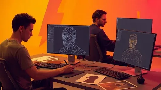 Professionals working on low poly and high poly models