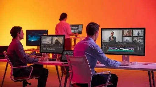 Video editors working on informational videos