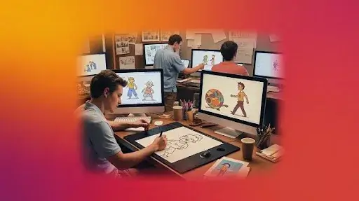 Animators working on the animation workflow process