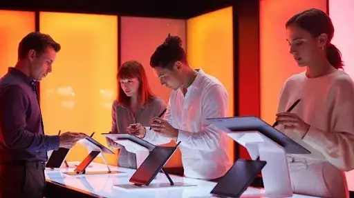 people choosing between a bunch of different drawing tablets