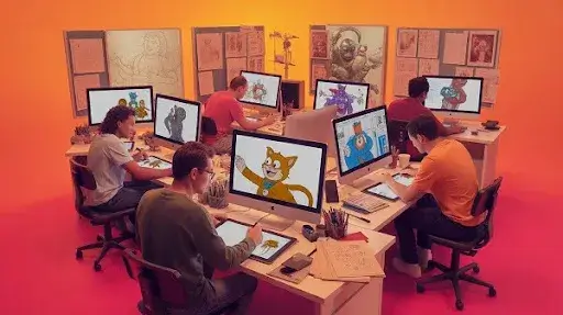 Animators working on different animated characters