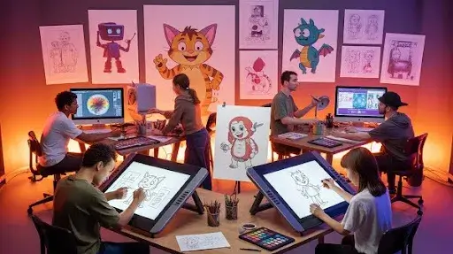 Animators working on different animation projects related to animated characters