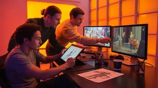 Experts working on the process of game trailer creation