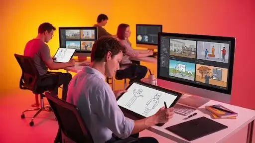 Professional animators at work creating animated explainer videos