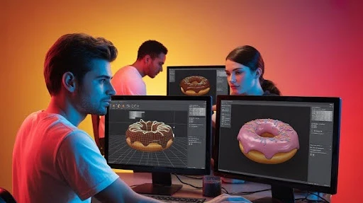 Animator giving the final touches to the 3D-realistic donut