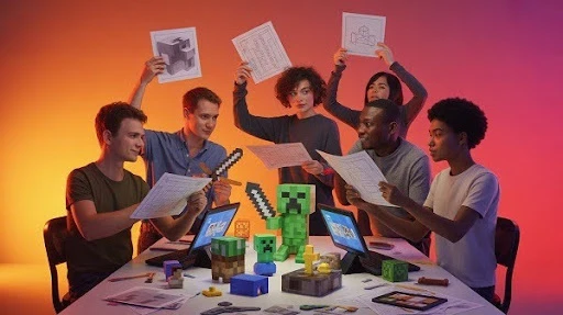 Animators working on 3D paper models of Minecraft