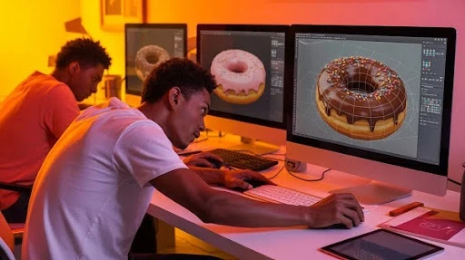 Animators working on creating 3D-realistic donuts