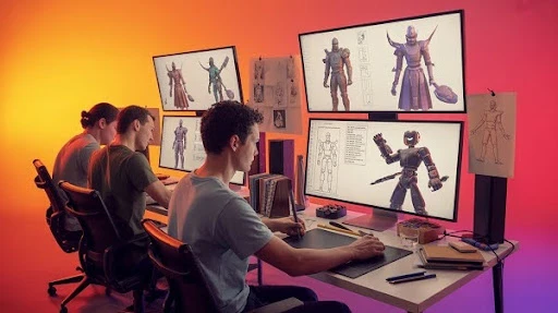 Animators working on creating video game characters
